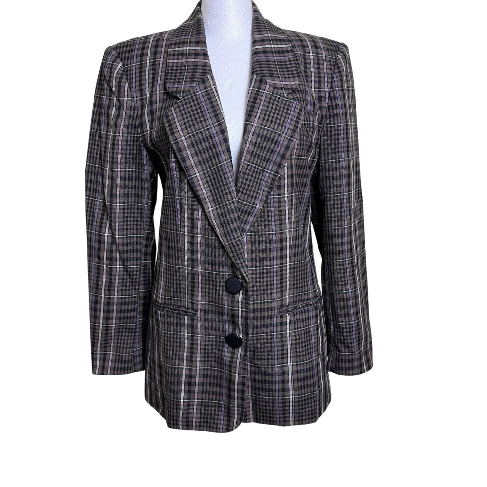 Nordstrom Point of View Vintage Plaid Blazer Brown‎ Black Purple Size 2 6518